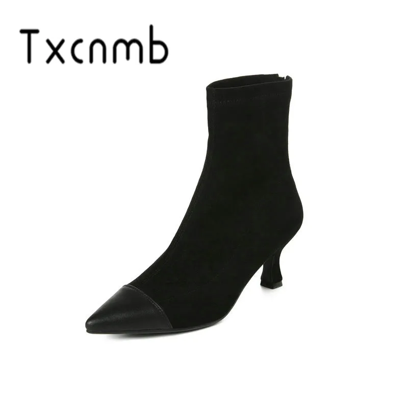 

TXCNMB 2019 Boots Women Ankle Boots for Women Winter Genuine Leather High Heel Shoes Woman Size 40 Black