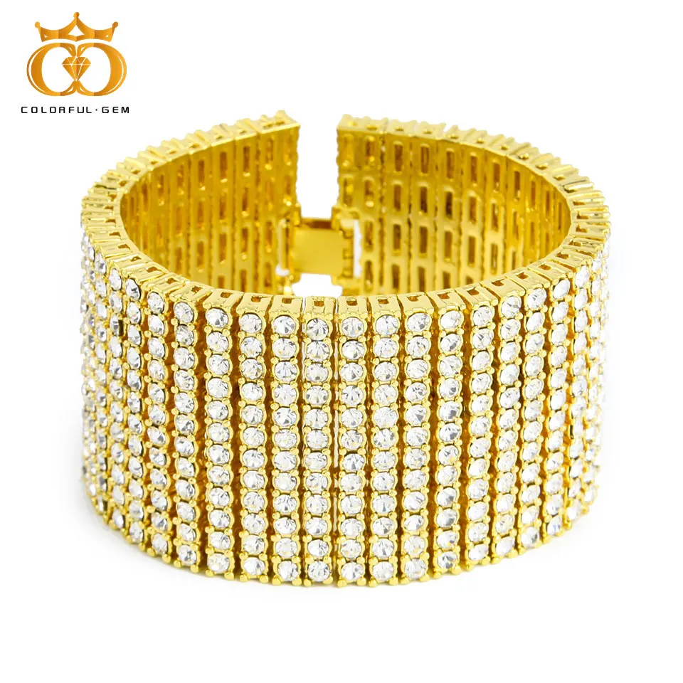 Хип-хоп, мужской браслет, браслет, серебро, золото, цвет, 12 строк, Bling, AAA, стразы, кристалл, браслет, цепочка, рок, панк, ювелирное изделие, 45 мм* 8 дюймов
