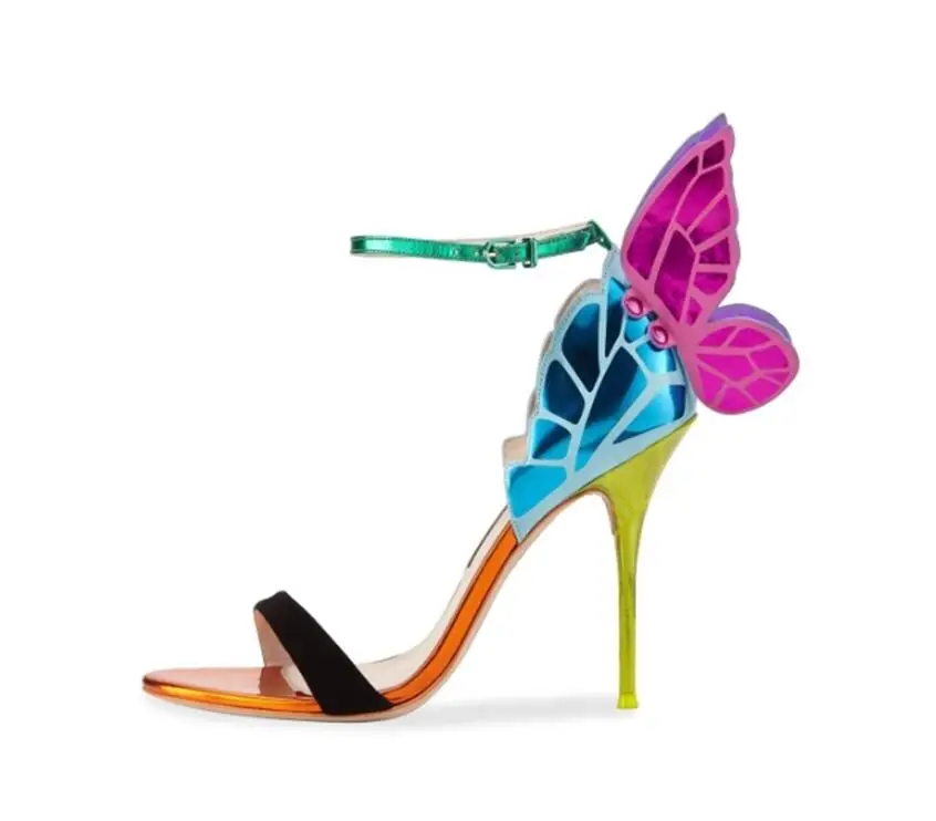 

Eunice Choo Rose Red Butterfly Wing Buckle Strap Women Sandals Blue Black Mix Colors Sexy Paty Women Shoes Pattern Prints Pumps