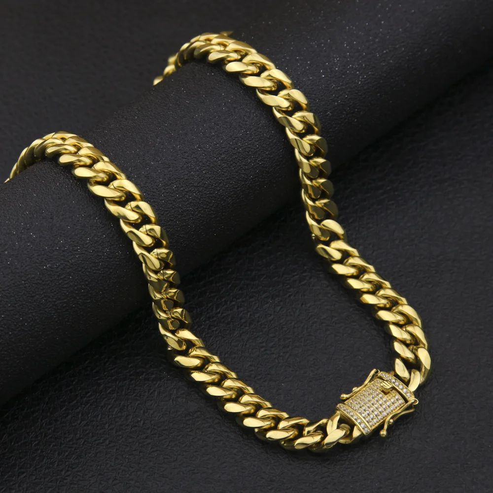 

30" Men Miami Cuban Steel Insurance Buckle Jewelry Necklaces Golden Bling Zircon AAA Rhinestone Hip Hop Women Chains