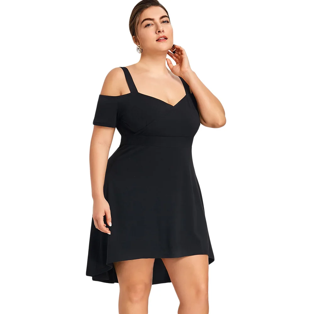 

ROSE GAL Cold Shoulder Black Party Dress Plus Size 5XL Sweetheart Neck High Low Dress Short Sleeve Female Mini Vestido Femme