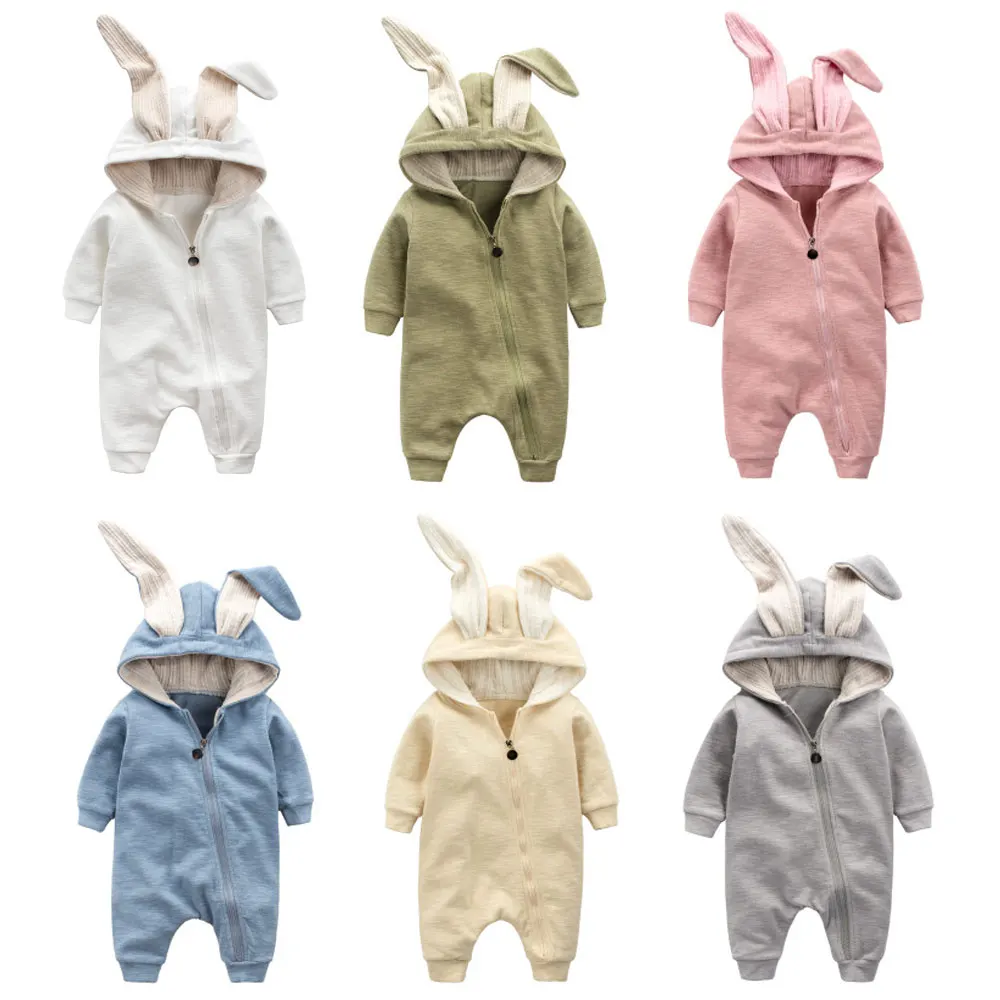 Touchcare 0-1 Years Autumn Cotton Rabbit Ear Zipper Rompers Infant Girls Boys Cute Animal Playsuits Baby Stripe Hooded Outfits