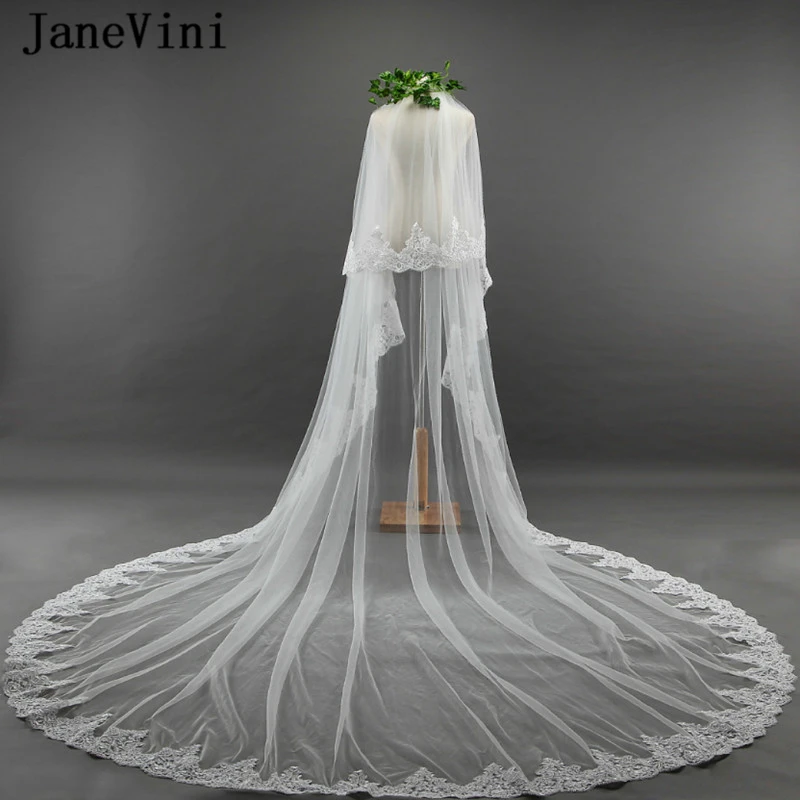 

JaneVini 2018 Romantic Long Wedding Veils Appliques Edge Two Layers Cathedral Length Bridal Veil with Comb Velo Novia 3metros