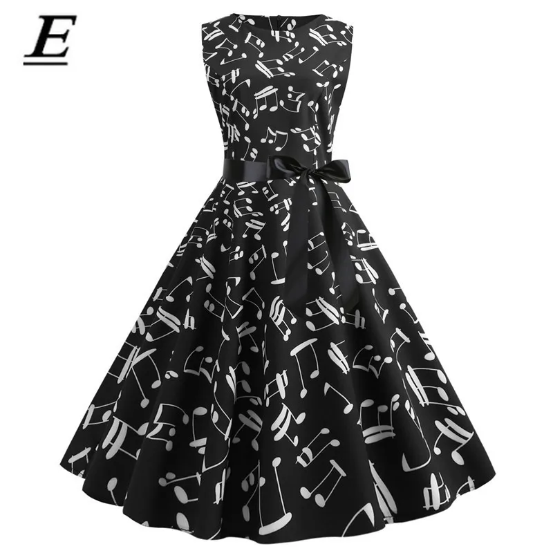 

Black Music Note Print Musical Women Vintage Midi Dress Sleeveless O Neck Female Casual Swing Retro Dresses Vestido Robe Femme