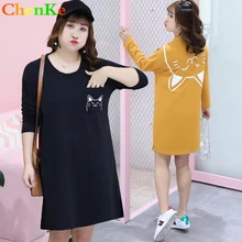 ChenKe длинная футболка Для женщин Демисезонный Повседневное принт с милой кошкой сбоку подол с разрезом футболка праздничные "плюс сайз" Футболка ШИК