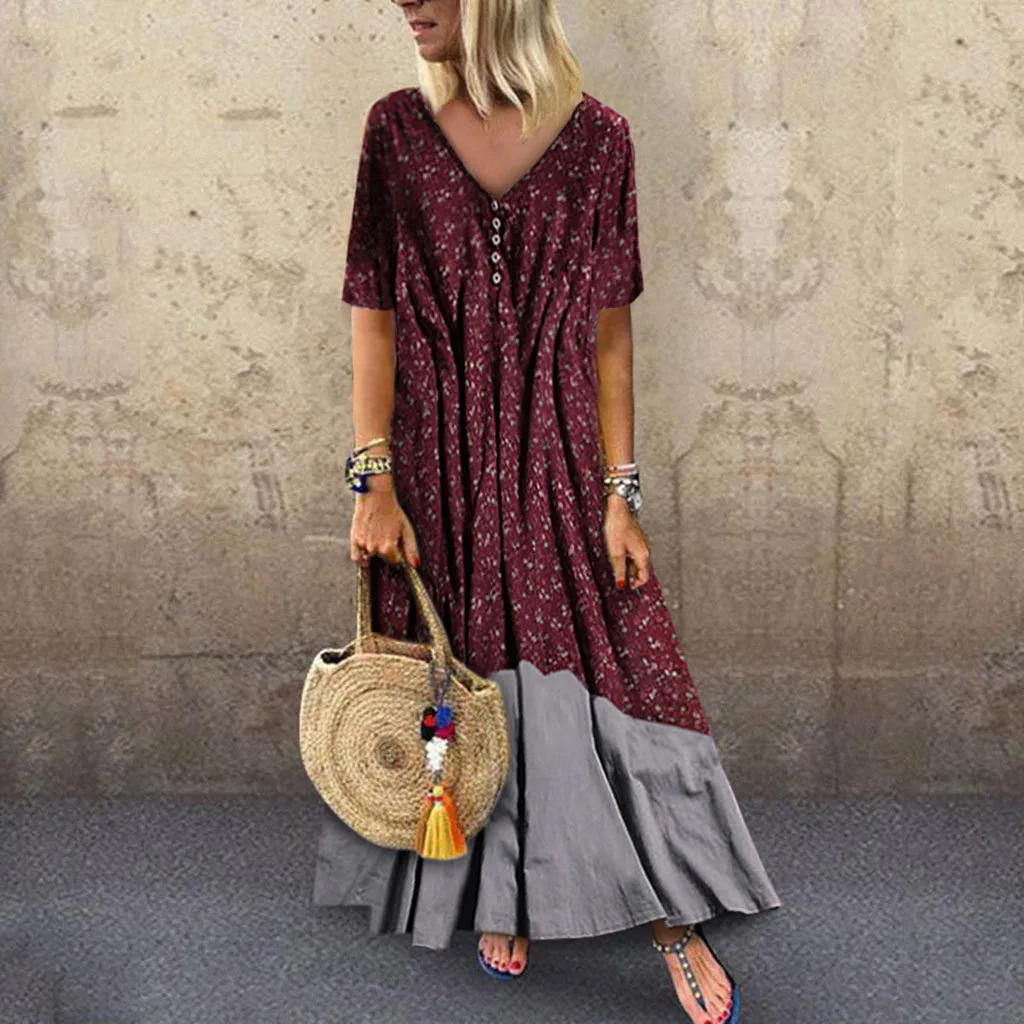 

Plus Size Women Dress Vintage Comfortable Princess Dresses Patchwork Casual Loose Boho Long Plus Size Retro Maxi Dress Robe Femm