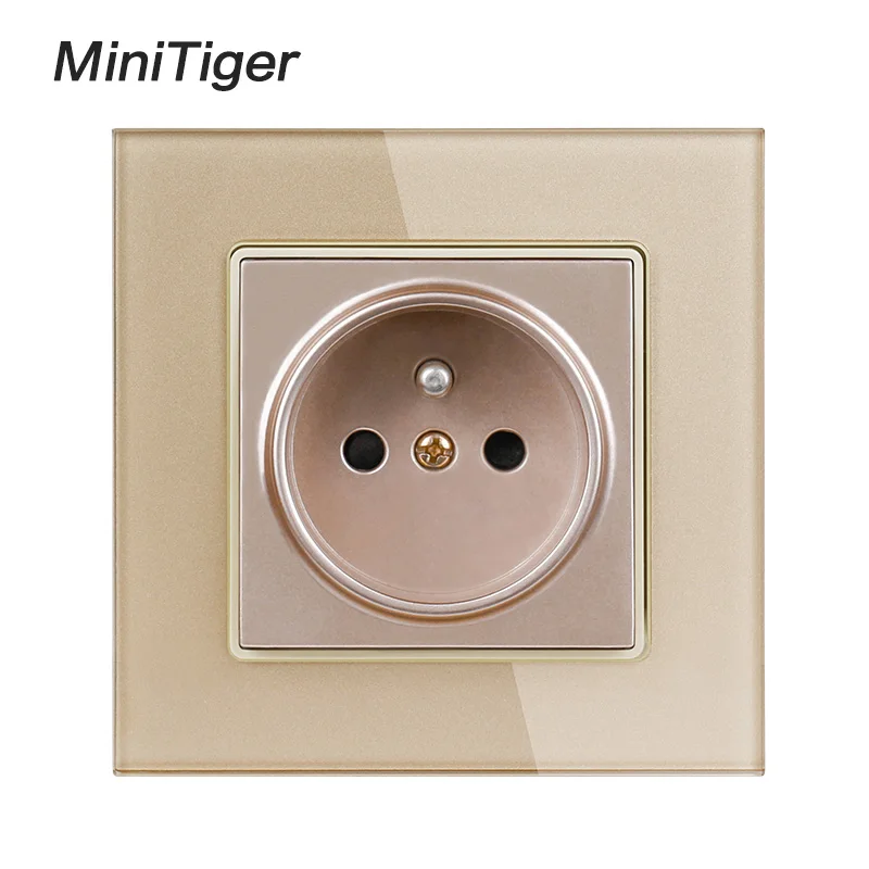 Minitiger Crystal Glass Panel Wall Power Socket Grounded 16A French Standard Electrical Outlet Black White Gold Grey Colorful - Тип: Gold