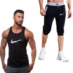 Мода 2019 г. новый логотип печати для мужчин спортивный костюм спортивные шорты + жилет без рукавов летом прохладно тренировка бега трусцой