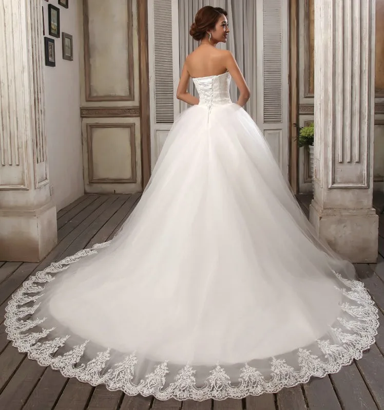 US $50.16 Hot Sale 08m Court Train Wedding Dresses 2021 Cheap Celebrity Strapless Vintage Tulle Bridal Ball Gown Organza Lace Bride Dress