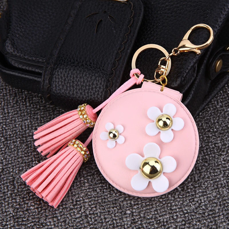 Cute Flower Mirror Keychain Gold Keyring Key Holder Leather Tassel
