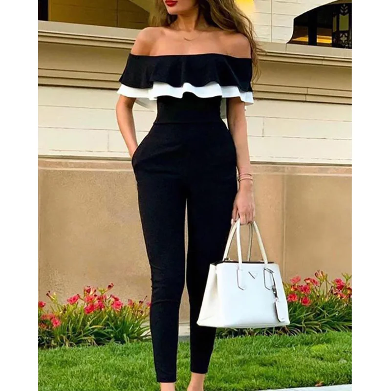 

Autumn Winter Sexy Slim Jumpsuit Overalls Women Black White Patchwork Ruffles Rompers Off The Shoulder Casual Bodysuit