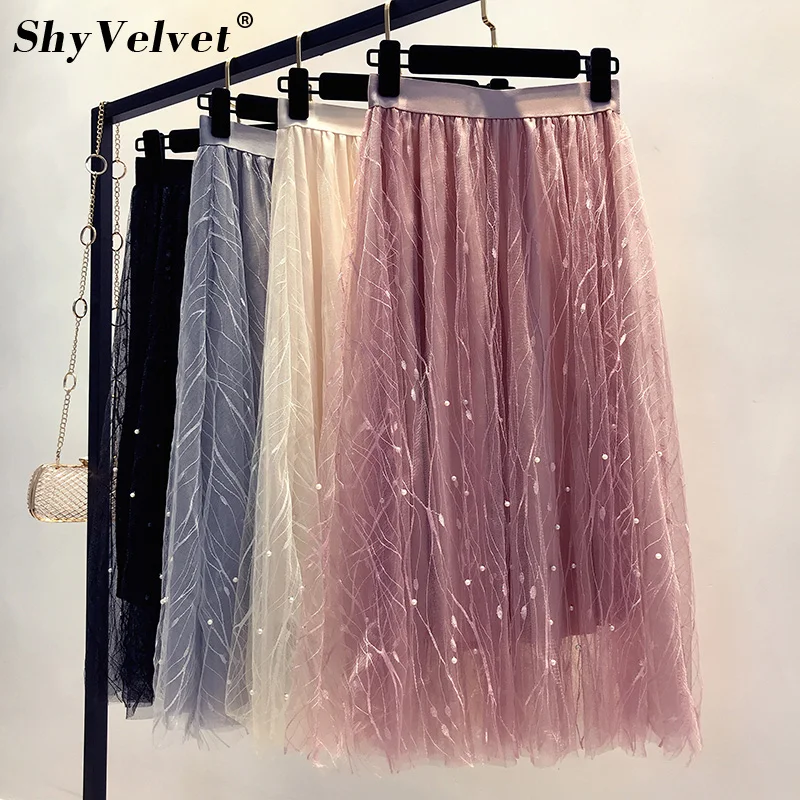 

Beading Tulle Skirt Women Tutu Elastic Waist Pleated Mesh Skirts Summer New Fairy Long Skirt Faldas Saia Pink Grey Black