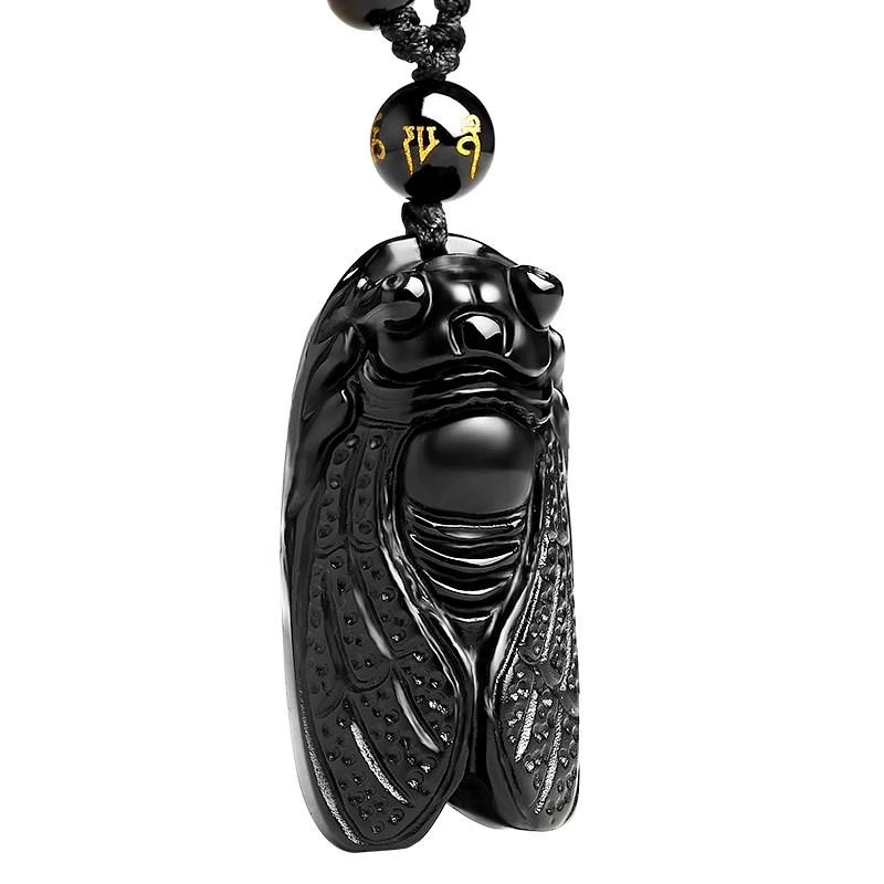 

Natural Black Obsidian Animal Carved Cicada Blockbuster Pendant Lucky Necklace Fashion Jewelry Party Gift Charm Pendant Chain
