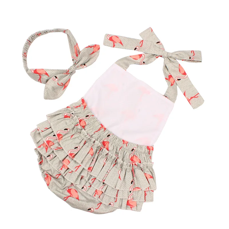 Cute Cartoon Baby Girls Summer Romper Ruffles Sleeveless Flamingo Print Skirted Jumpsuit Headband Sunsuit Infant Clothes (11)