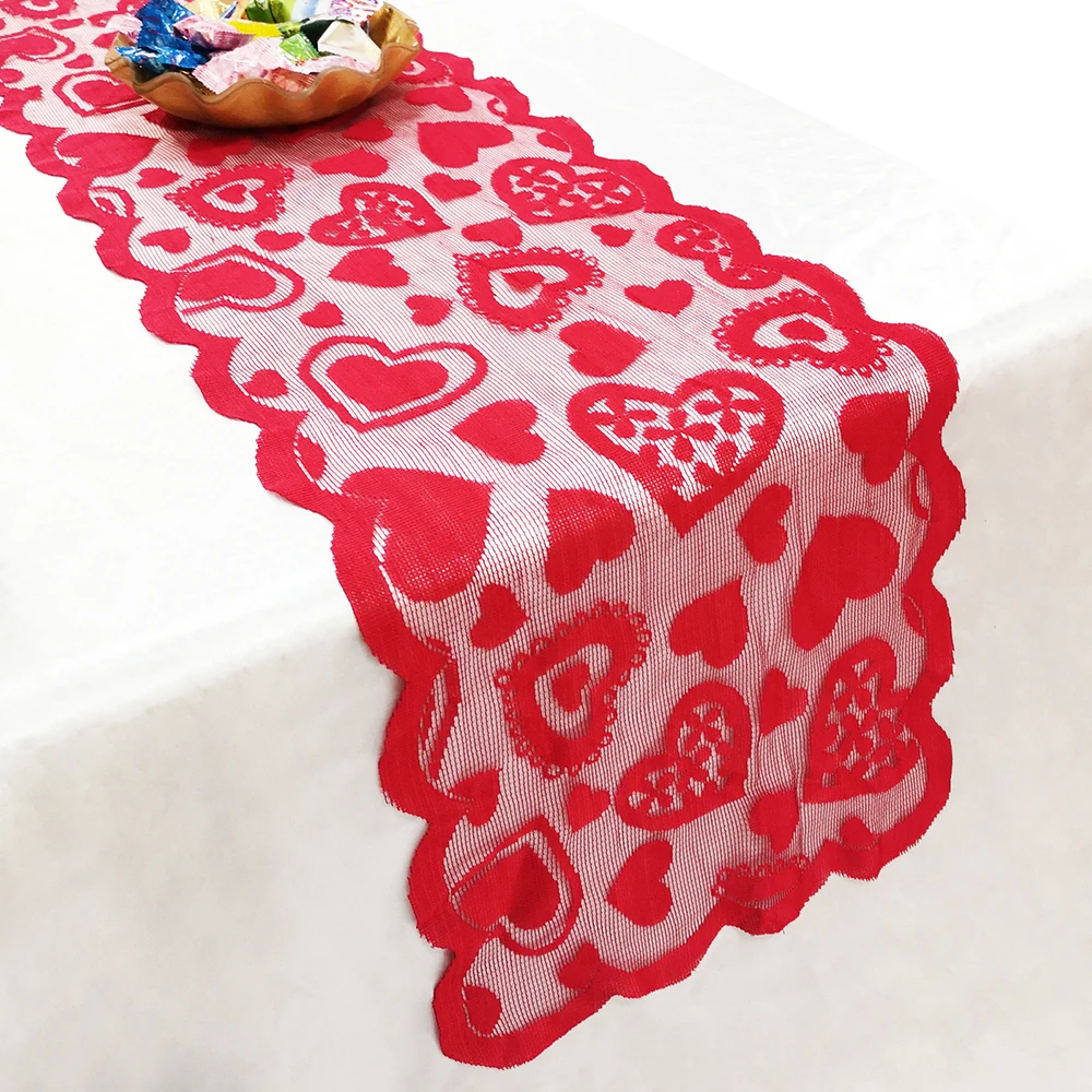 

1pcs 33x183cm Red Heart Pattern Table Runner Table Cloth Cover For Valentines Day Wedding Party Home Decoration Home Textiles