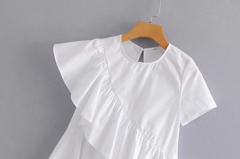 Женская Корейская Милая однотонная Повседневная Асимметричная женская блузка с оборками летние белые топы LS3883