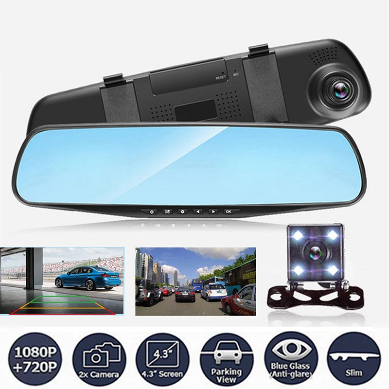 

1pc 4.3'' HD 1080P Dual Lens 170 Degrees Wide Angle Rear View Mirror Car DVR Dash Cam Recorder Camera