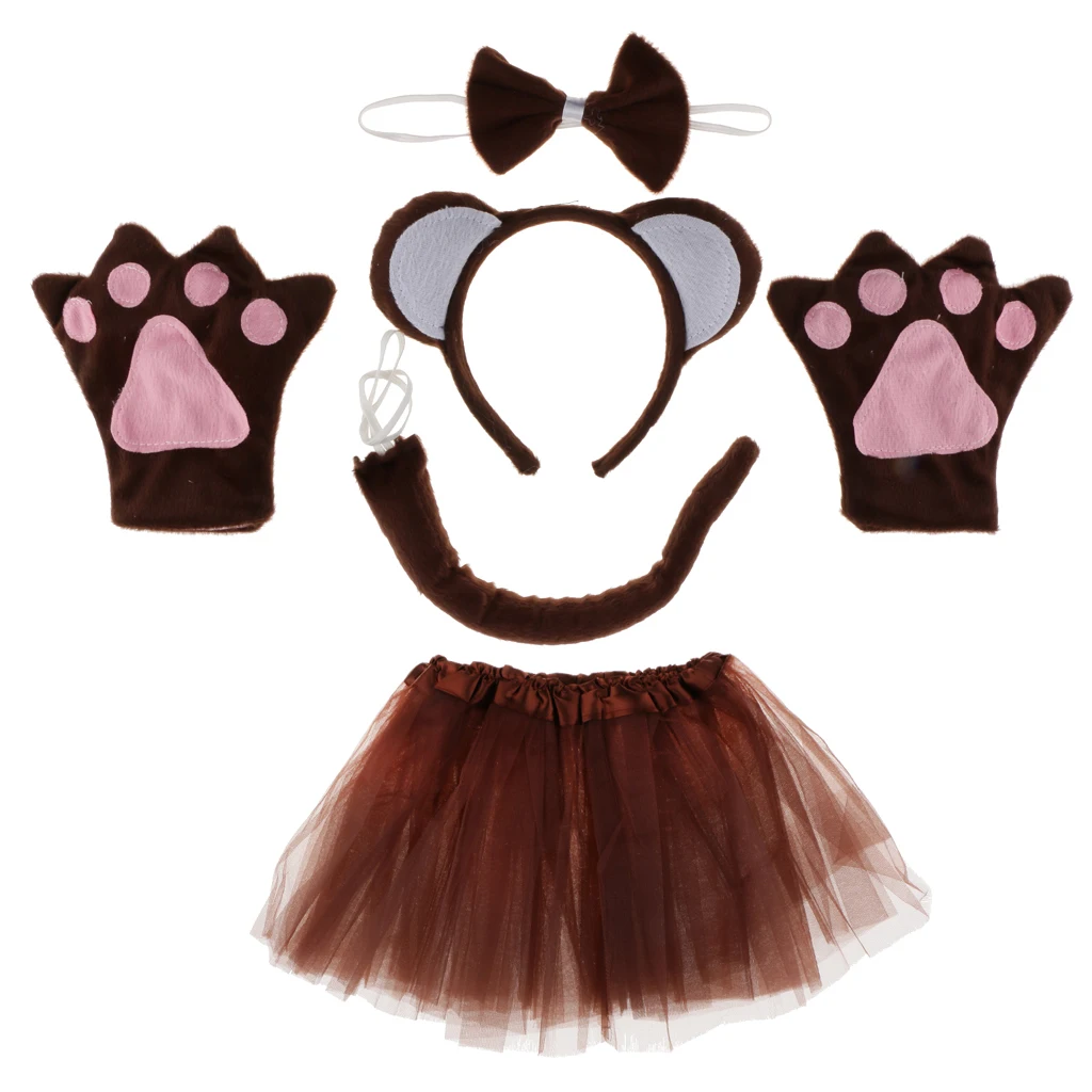 Pack of 5 Animal Monkey Ears Headband Bow Tail Tutu Skirt Set Costume Accessories