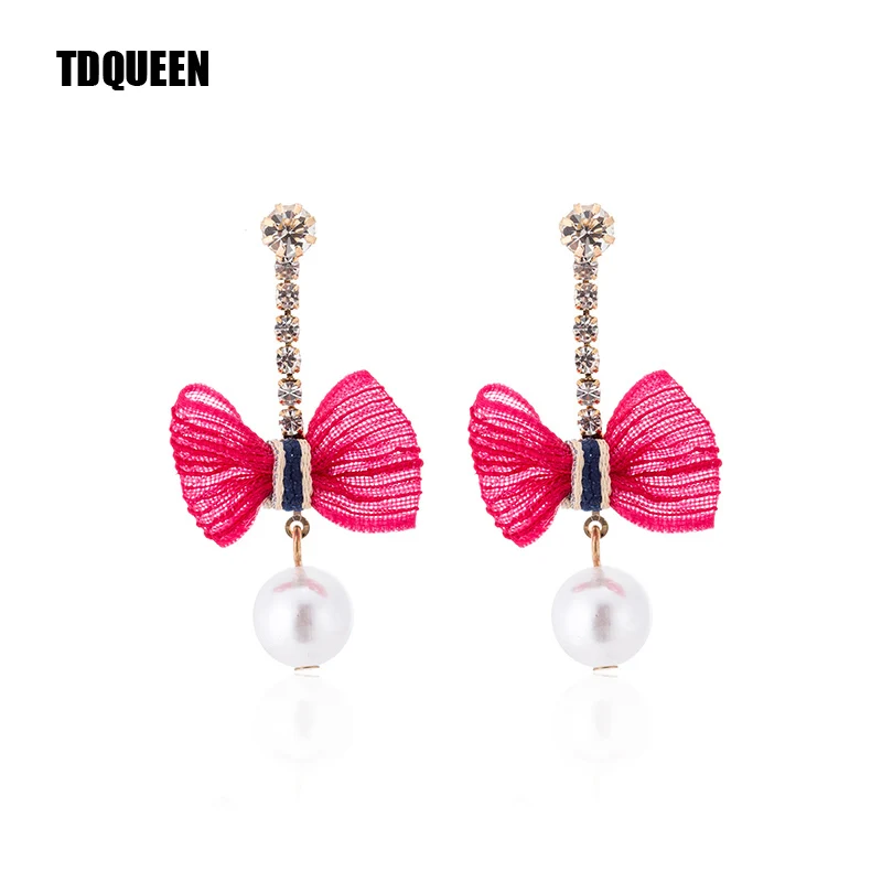 

TDQUEEN Lace Bowknot Drop Earrings Round Pearl Pendant Boho Costume Jewelry Gift Korean New Dangle Statement Earring For Women
