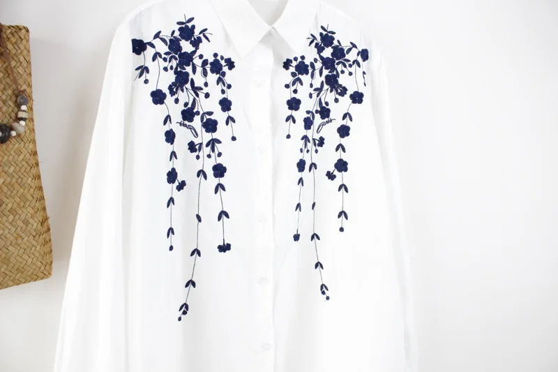 Весна осень Новая повседневная женская блузка женские топы размера плюс хлопок вышивка женские свободные длинные белые рубашки