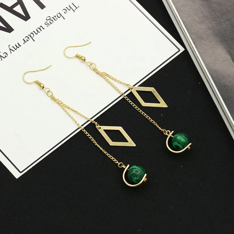 

2018 Exquisite Green crystal beads women long drop earrings Elegant geometry gold tassel women drop earrings Banquet Jewelry