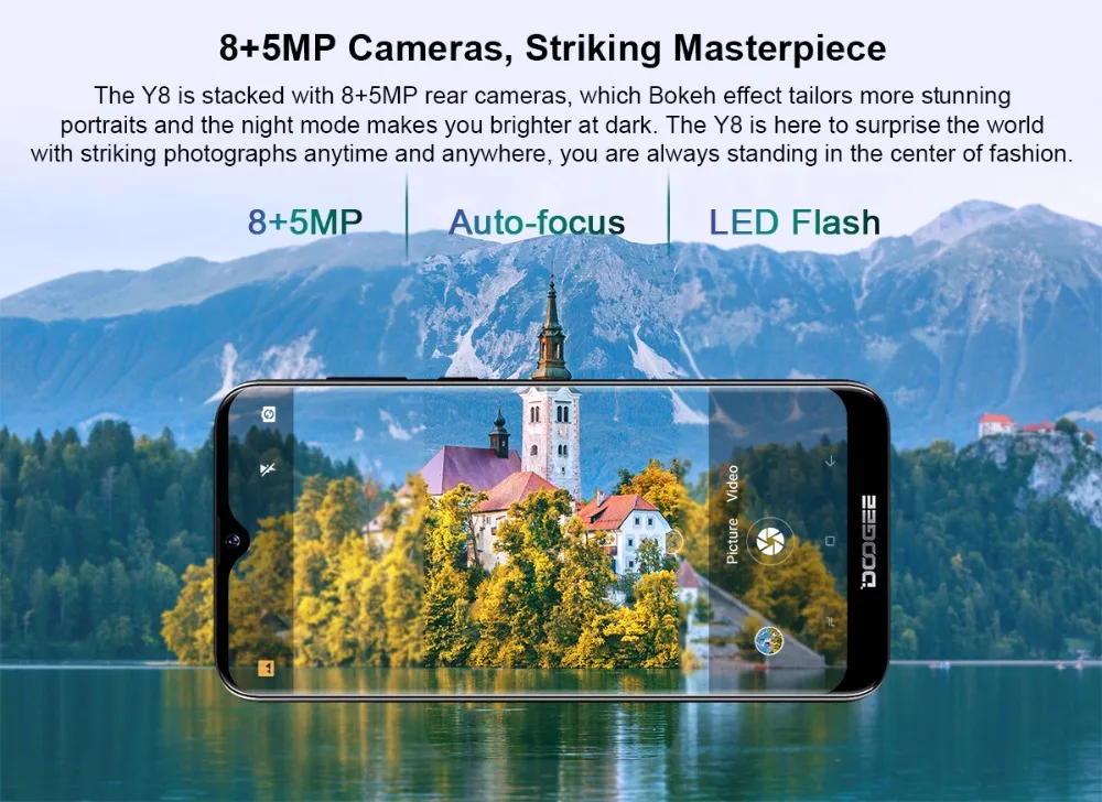 DOOGEE Y8 Android 9,0 FDD LTE 6,1 дюймов 19:9 в виде капли воды, экран LTPS смартфон MTK6739, 3 Гб оперативной памяти, Оперативная память 16 Гб Встроенная память 3400