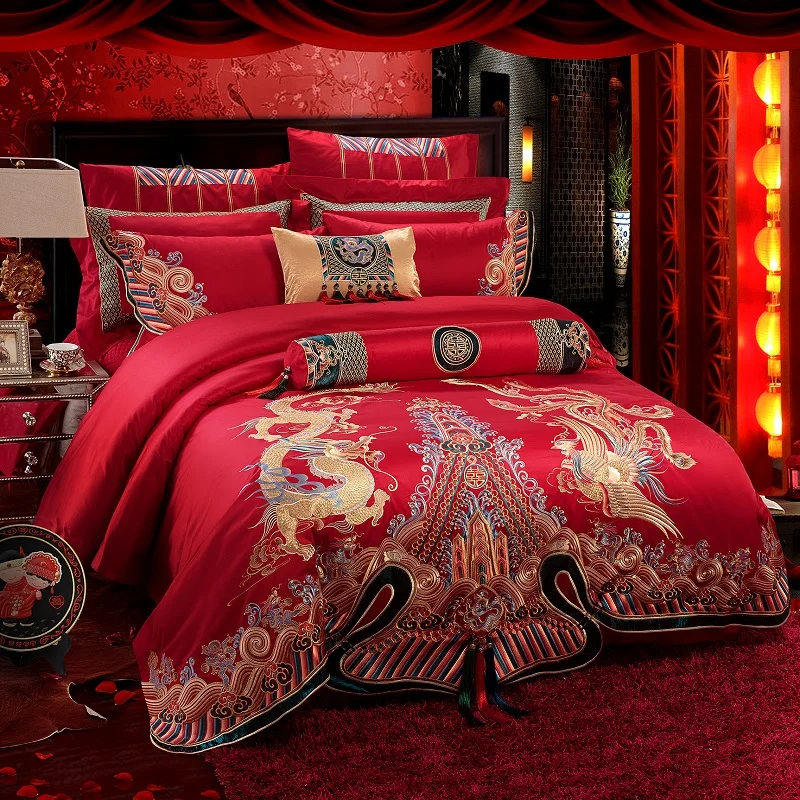 

Red Luxury Egyptian cotton Duvet Cover Bed Cover Sheet Set Golden Dragon Phoenix Embroidery Pattern Wedding Bedding Set 10pcs