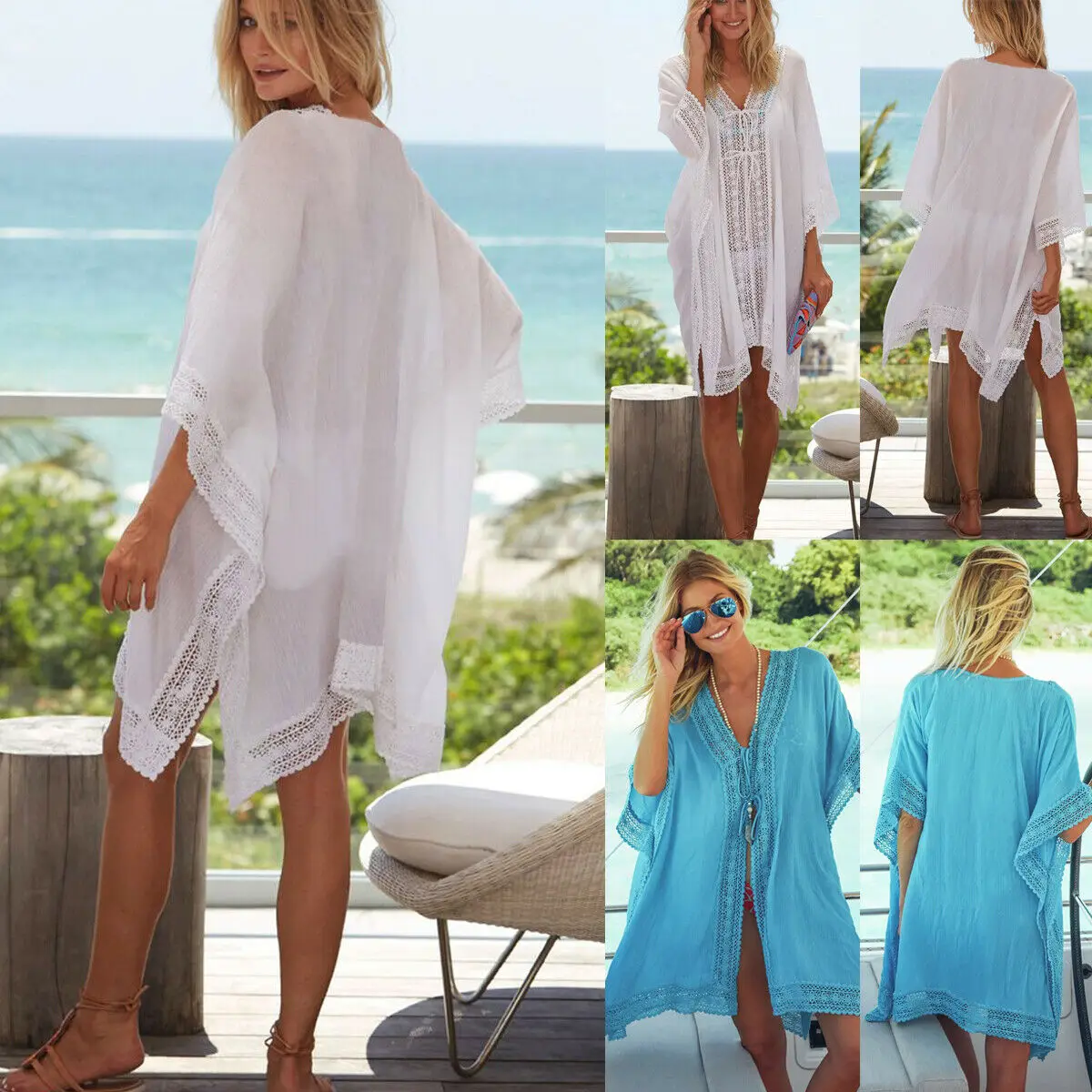 

Womens Bikini Cover Up Swimwear Beach Maxi Wrap Sarong Kaftan Dress Long Tops White Chiffon Lace up Cover-ups