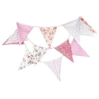 

1pcs 3.6M Length 12 Flags Flower Printed Wedding Cloth Banner Pink Baby Birthday Party Decoration Pennant Child Room Deco Flags