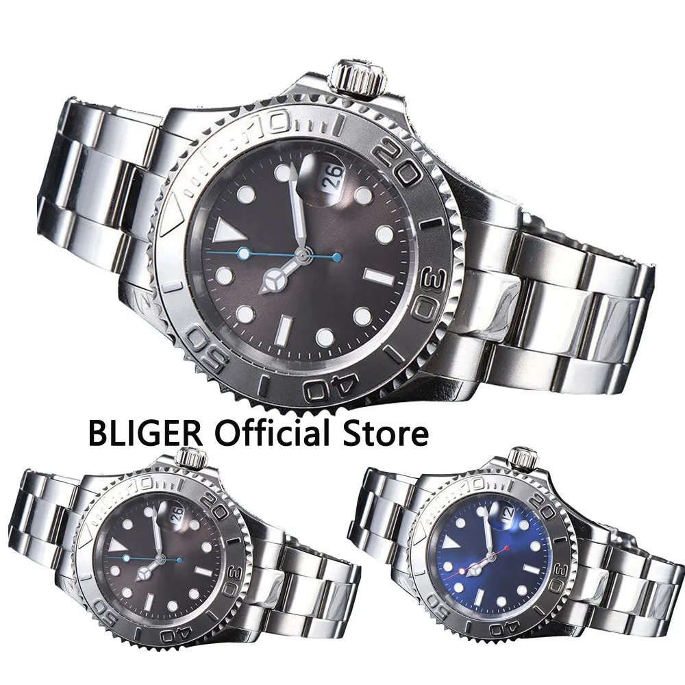 

BLIGER 40mm Grey Sterile Dial Silver Ceramic Bezel Luminous Marks Sapphire Crystal MIYOTA Automatic Movement Men's Watch B116