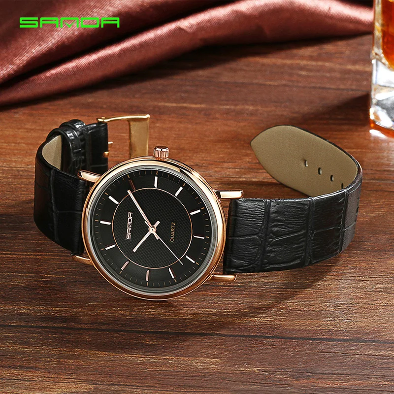 SANDA Super Slim Leather Mens Watches Top Brand Luxury Fashion Genuine
