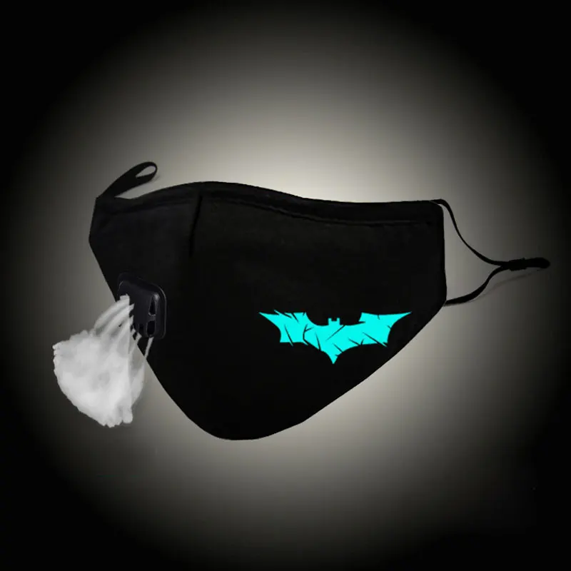 

Glow In Dark Fashion Unisex Mouth Mask Bat Man Cosplay Cotton Gauze Face Mask Anti PM2.5 Dust Filter Muffle Valved Respirator