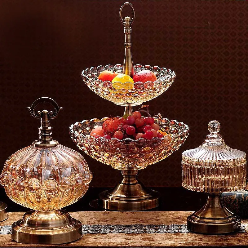 

Europe Classic Luxury Double Crystal Glass Compote Suit Modern Retor Style Living Room Ornaments Large Fruit Plate