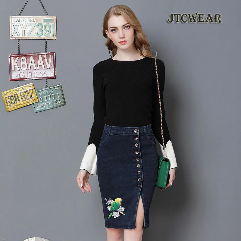 JTCWEAR Buttoned Slit Embroidery Stretch Denim Skirts Big