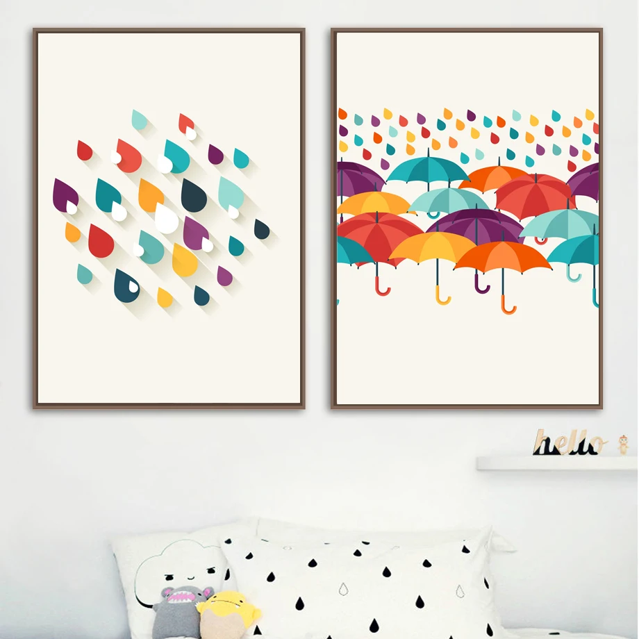 Colorful Raindrops Umbrella Wall Art Canvas Painting Nordic Posters And