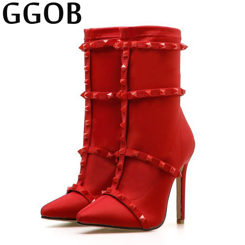

GGOB 2018 New Women Boots Spike Heels Rivet Casual Fashion Pointed Toe Dunk High Ankle Boots Shoes Woman Brand Handmade Flock