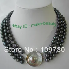 Ювелирные изделия 00584 WOW 3 рядов 9- 10 мм идеально круглый черный пресноводные ожерелье mabe застежка
