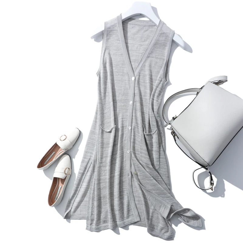 

2018 - Summer new loose women's sleeveless long knit wild ice silk knit cardigan fashion slim sweater