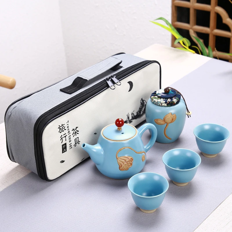 Portable Chinese Tea Set Ceramic Teapot Leaves Jar 3 Porcelain Tea Cups with Carrying Case YU-Home - Цвет: 2