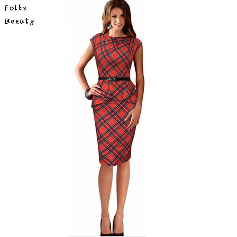 2016 Work Dresses for Women Vintage Elegant Belted font b Tartan b font Peplum Ruched Tunic