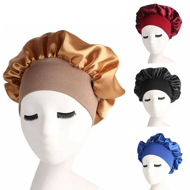 Шелковая шапка для ночного сна головной убор сатиновая скатерть широкая регулируемая эластичная лента Женская атласная однотонная широкополая Уход за волосами шапочка