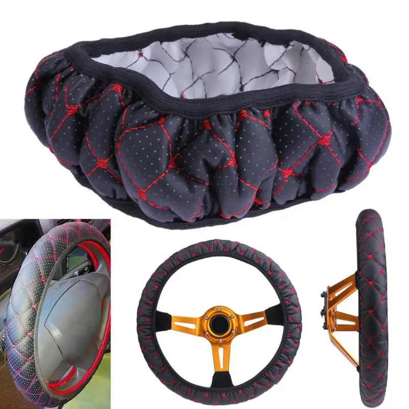 

Steering Wheel Covers Extremely Soft Leather Braid On The Steering-Wheel Of Car With Needle and Thread DIY Interior Accessories