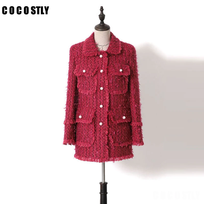 

New 2019 spring autumn fashion women red tweed jacket turn down collar single breasted tassel small coats and jackets women