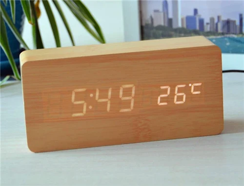 Светодиодный деревянный бортовой сигнал часы+ Температура цифровые настольные часы с голосовой активации, Батарея/USB power спальня гостиная часы - Цвет: bamboo clock white