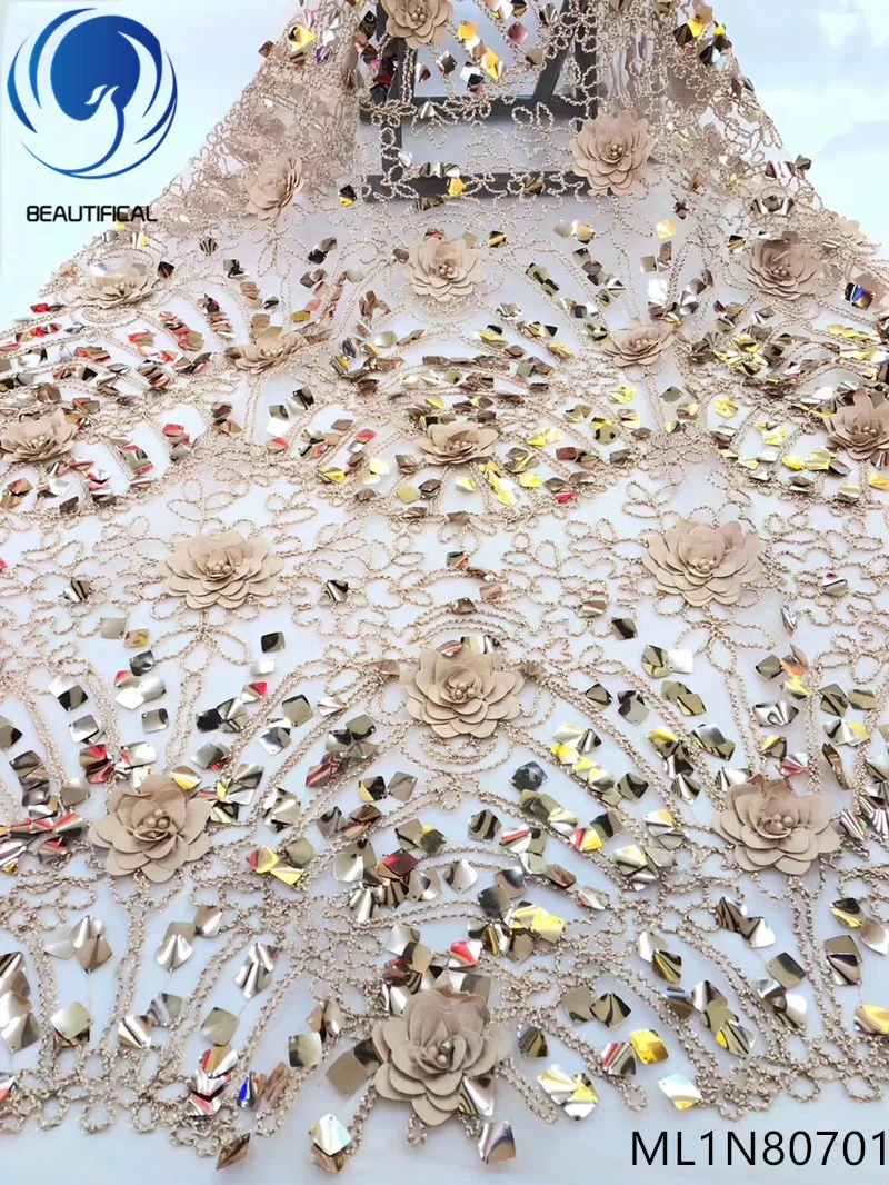 

BEAUTIFICAL 3d french sequins lace fabric net lace fabric 3d flower sequin lace applique latest 5 yards/lot materials ML1N807