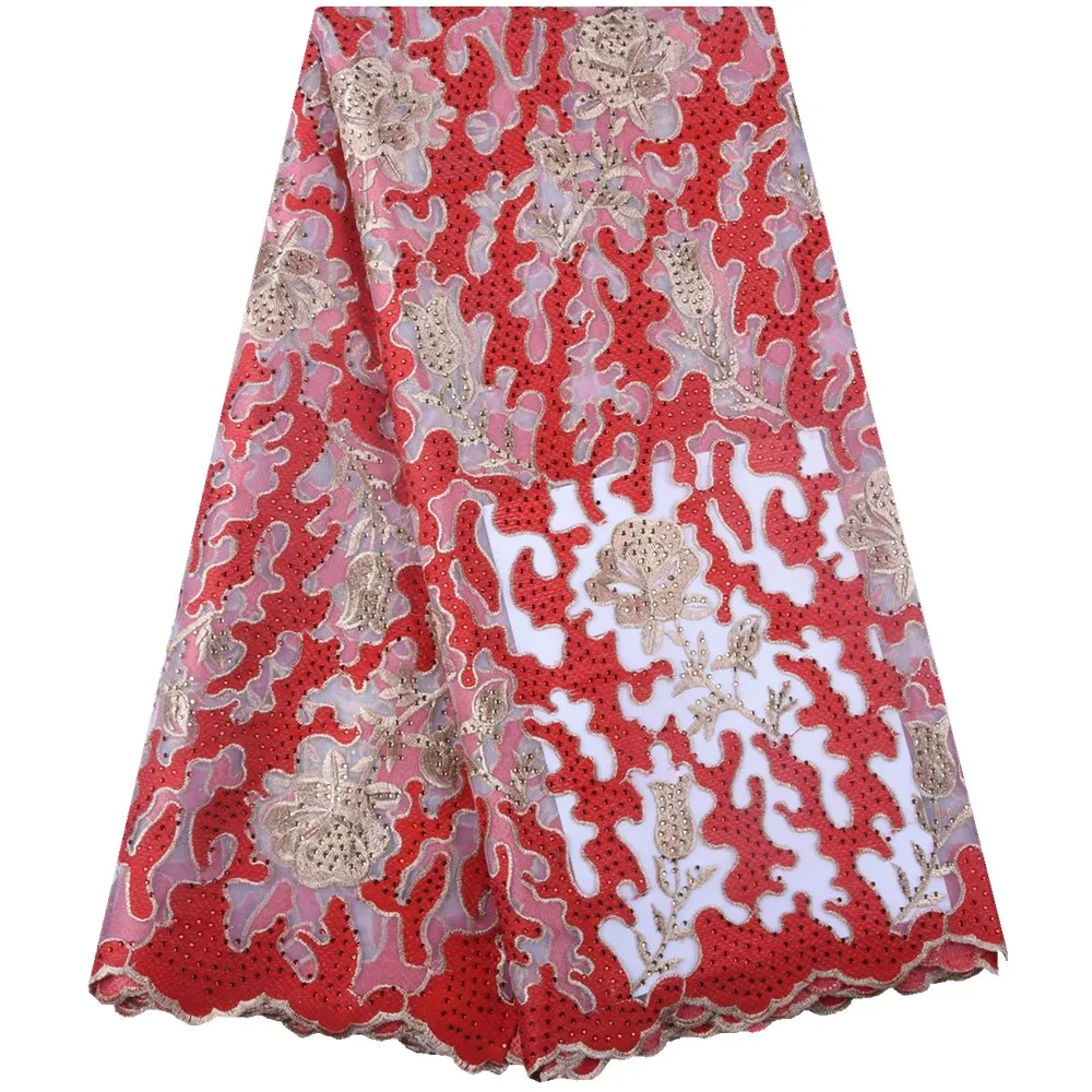 

Best Quality African Red Guipure Voile Lace Fabric With Stones Latest Style 2019 African Cord Lace Fabric For Wedding