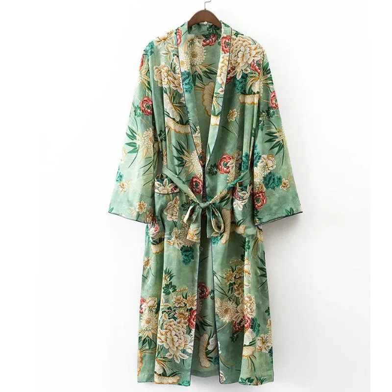 

X192 women vintage floral print green color long design jacket kimono outwear ladies summer double pockets with belt jackets top