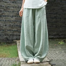 Johnature automne couleur unie poches pantalons amples 2020 nouvelles femmes Vintage taille élastique coton lin large jambe pleine longueur pantalon