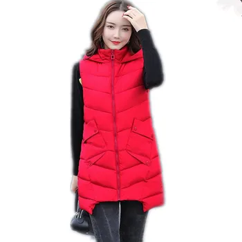 

New Top2018 Autumn Winter Women Medium-Long Waistcoat Female Hooded Down Cotton Women's Vest Loose Outerwear Casual Vest CQ2353