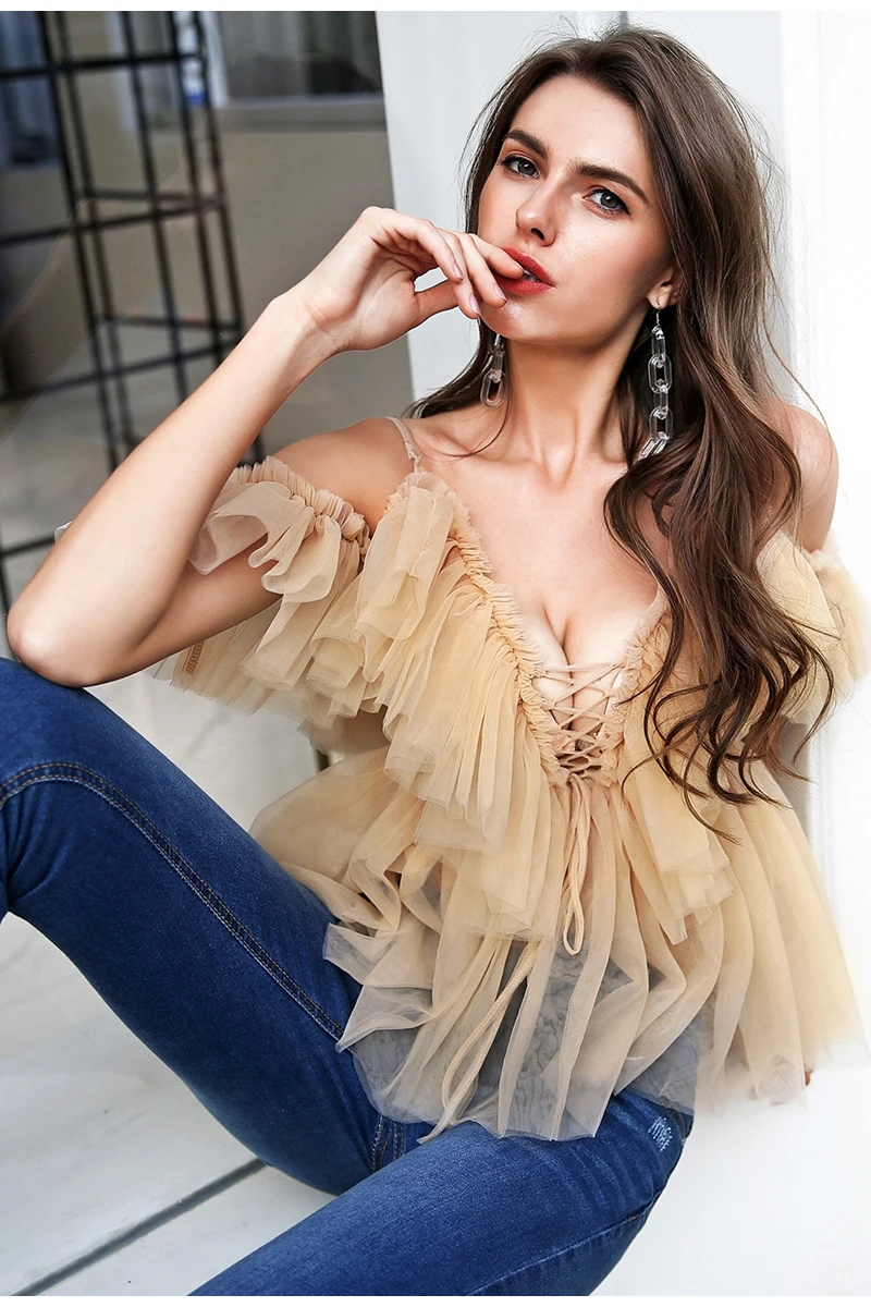 Simplee V neck strap boho mesh blouse shirt women Ruffle short sleeve elegant peplum tops Summer lace up ladies sexy blusas 2019